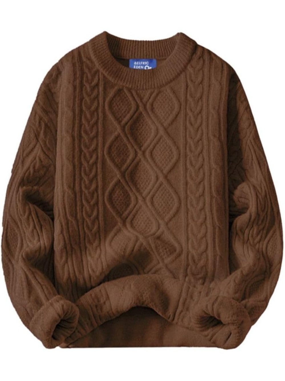 Women Coffee Crewneck Pullover Knit Long Sleeve Vintage Cable Oversized Sweater